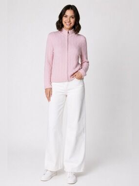 DAILY WOMEN Cotton Blend Pink Long Sleeve Cable Knit Full Zip Cardigan Sweater L